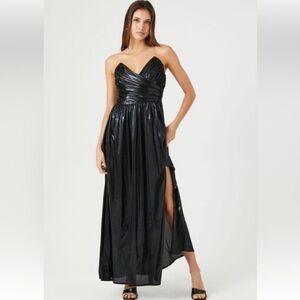 Metallic Ruched Strapless Midi Dress